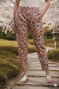 Pantalones informales de algodón puro con estampado floral para mujer, cintura elástica, pantalones informales de algodón sostenible para verano, ropa transpirable - Product Image 2