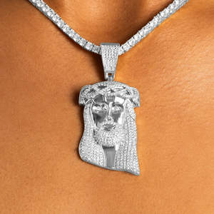 Collier pendentif tête de Jésus luxueux serti de pierres |   Pendentif visage de Christ en or blanc |   Chaîne de tennis Hip Hop - Product Image 3