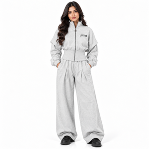 Ensemble de survêtement gris chiné pour femme avec veste zippée, taille sculptée, manches ballon et pantalon large – Fabricant OEM personnalisé en gros - Product Image 1