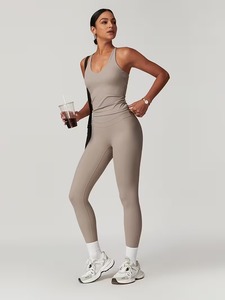 Two Piece Summer Lightweight Fitness Outfit V-neck Crop Tank <b>Top</b> Soft Naked Feel <b>Compression</b> Running Tights Activewear - Product Image 2