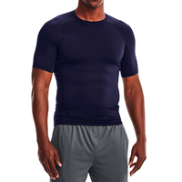 Haut de compression d'entraînement pour homme en polyester/coton tricoté, respirant, léger, extensible, anti-boulochage, à manches courtes et col en V, coupe classique