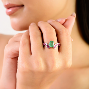 S925 <b>Silver</b> Beautiful Unique Design Oval Shape <b>Emerald</b> & Princess Cut Ruby Gemstone <b>Ring</b> Fine Jewelry for Women's - Product Image 2