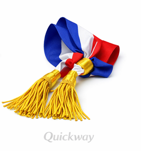 Écharpe de cérémonie décorative de haute qualité, tricolore rouge, blanc, bleu avec pompons dorés - Product Image 6