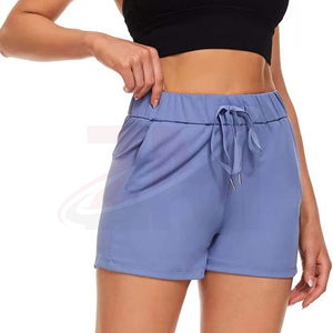Shorts tricotés taille haute pour femmes, couleur unie, avec cordon de serrage, taille élastique, style sportif, violet, séchage rapide, poches - Product Image 2