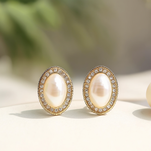 Vintage Oval Stud Earrings with Pearl and Diamond-Stainless Steel Party Jewelry - Product Image 3