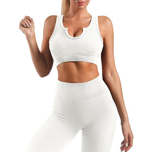 <b>White</b> <b>2</b> <b>Piece</b> Yoga Set Scoop Neck Racerback Crop Top High Waist Full Length Leggings Seamless Four-Way Stretch Solid Color - Product Image 5