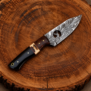 Couteau de chasse artisanal en acier Damas, avec manche en corne et bois, étui en cuir, couteau de camping en plein air - Product Image 2