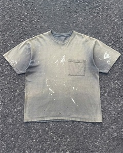Camiseta de algodón rosa para hombre, manga corta, cuello redondo, estilo casual, lavado, desgastado, con salpicaduras de pintura, bolsillo, corte regular - Product Image 3