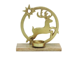 Porte-bougie artisanal en aluminium avec rennes et étoiles dorés, base en bois, décoration de table de Noël festive, ornement de fête, centre de table - Product Image 4