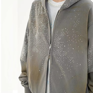 Sudadera con capucha para mujer OEM de alta calidad, oversize, vintage, con lavado ácido, con cremallera completa, con diseño de cara completa y pedrería personalizada - Product Image 6