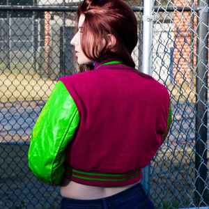 Womens <b>Varsity</b> Crop <b>Jacket</b> <b>Purple</b> Lime Green Letterman Style Bomber Coat Faux Leather Sleeves Casual Outerwear Ladies Fashion - Product Image 5