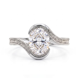 Bague de fiançailles solitaire gravée en argent sterling plaqué or rose avec moissanite taille ovale vintage pour femme - Product Image 1