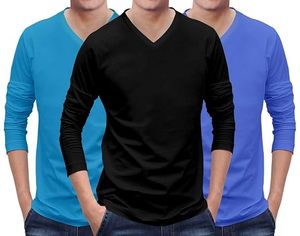 T-shirt pour homme à manches longues, col en V, coupe classique, 100% coton, tissu tricoté doux et écologique, anti-rides, séchage rapide, respirant - Product Image 1