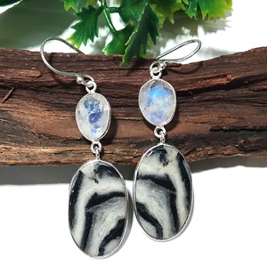 Natural Zebra Jasper & Rainbow Moonstone Oval Cut Silver Plated 925 Sterling Silver Handmade Drop <b>Earrings</b> for Women/Unisex - Product Image 5