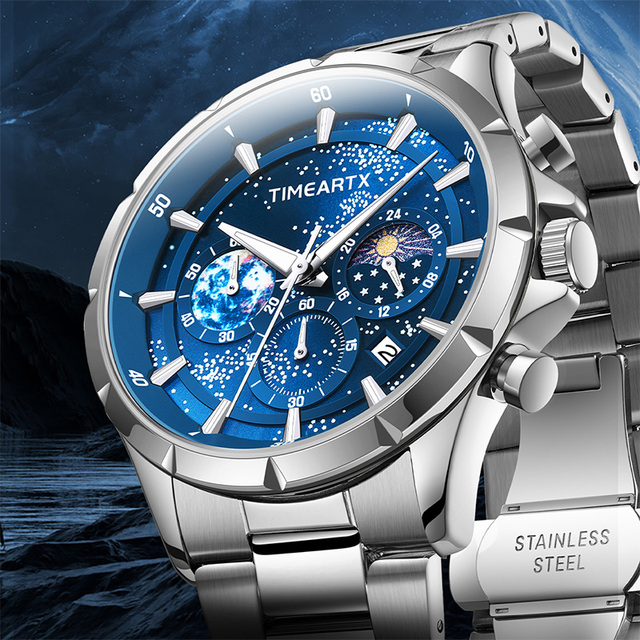 TIMEARTX Men Quartz Watch Starry Sky Dial Moon Phase Window Luminous Hands 30M Waterproof Stainless Steel Chronograph TA-5870