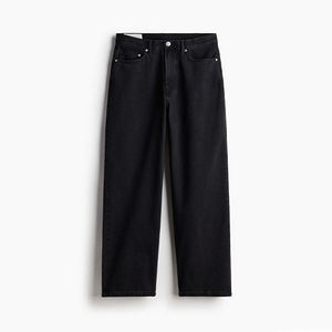 High Waisted Loose Fit Cotton Denim Straight Leg <b>Jeans</b> Solid Color Casual Pants With Pockets Autumn Style - Product Image 1