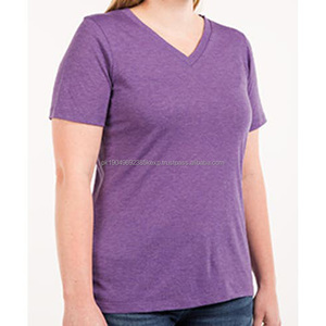 เสื้อยืดคอวีสีพื้นคอวีสำหรับผู้หญิงเสื้อยืดผ้านิ่มสำหรับผู้หญิงเสื้อยืดผ้าสามผสมพิมพ์โลโก้ส่วนตัว - Product Image 1