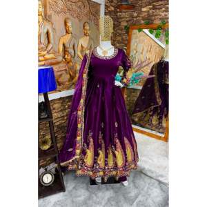 Conjunto de vestido y pantalón Anarkali de fiesta para mujer de diseñador con hermosa Dupatta - Product Image 4