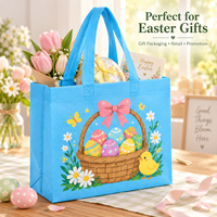 Panier de Pâques bleu ciel avec œufs, poussins, marguerites et nœuds imprimés, sacs cadeaux en tissu non tissé écologiques, recyclables, réutilisables, avec logo personnalisé