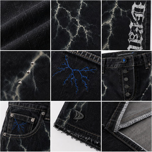 Premium Black Denim Jorts Oversized Y2K Streetwear <b>Shorts</b> with Lightning Wash Print Low MOQ Wholesale - Product Image 5