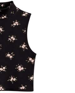 Top Corto Personalizado Negro con Cuello Alto y Estampado Floral, Sin Mangas, Ajustado, Elástico, Informal, de Verano, para Mujer - Product Image 3