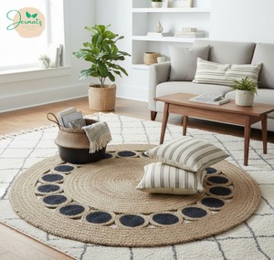 Jermatz Round Jute Rug Natural Brown Braided Non-Slip Rubber Backing <b>Kitchen</b> Floor <b>Mat</b> Modern Style Spot Clean - Product Image 5