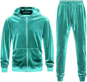Survêtement unisexe en velours vert sarcelle à capuche, manches longues, couleur unie, décontracté, avec poches latérales et fermeture éclair, poids moyen, pour l'automne - Product Image 1