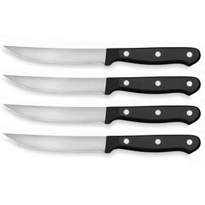 Ensemble de 4 couteaux à steak en acier inoxydable avec lames courbées à bord plat et tranchant, manches noirs à triple rivet pour la cuisine, la salle à manger et la viande - Product Image 1