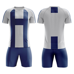 Ensemble de maillots de football unisexes personnalisés, bleu et blanc rayé, col en V, 100 % polyester, respirant, coupe athlétique, service OEM frontal - Product Image 1
