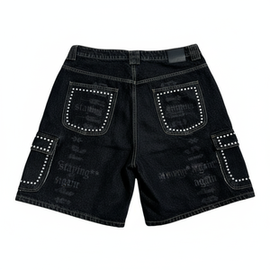 Pantalones cortos de mezclilla con pedrería para hombre – Shorts vaqueros holgados de estilo urbano premium con logo impreso personalizado - Product Image 4