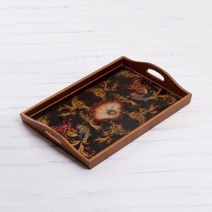Plateau de service en bois imprimé avec poignées, plateau décoratif carré pour le petit-déjeuner, le café, les collations, la décoration de table - Product Image 1