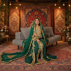 Caftan marocain Mishkat Couture en velours prune vert émeraude, maxi, manches longues, élégant, pour soirée, hiver, col en V, ourlet évasé - Product Image 5