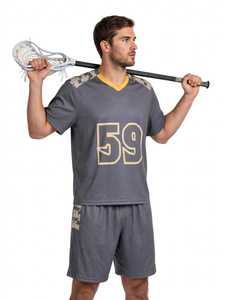 Ensemble uniforme de lacrosse sublimé gris pour hommes, col en V, numéro 59, maillot athlétique à manches courtes et short - Product Image 5