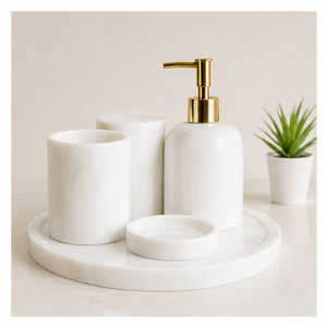 Ensemble d'accessoires de salle de bain en marbre blanc artisanal, ensemble de bain en pierre naturelle avec distributeur de savon à pompe doré pour hôtels et maisons - Product Image 4