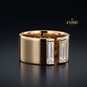 18K Gold Baguette Diamond <b>Open</b> <b>Ring</b> Premium Wide Band Statement <b>Ring</b> Fine Jewelry for Women - Product Image 2