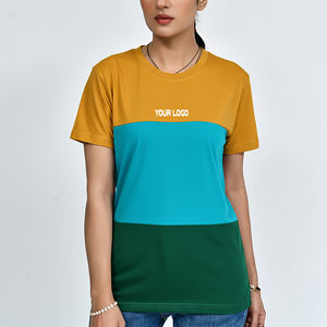 Camiseta de mujer de alta calidad, manga corta, cuello redondo, corte regular, con bloques de color, 100% algodón, ecológica, para verano. - Product Image 4