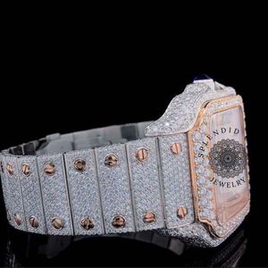 Montre de luxe en quartz pour homme et femme, boîtier en argent avec moissanite, boîtier carré 39 mm, mouvement analogique ETA, jour/date, verre saphir, fermoir caché - Product Image 5