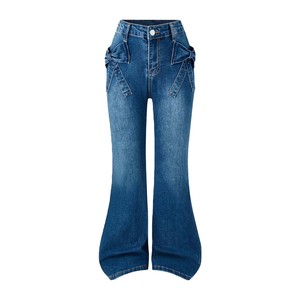 Vaqueros de mezclilla acampanados de tiro medio con detalle de lazo, bordado sólido, algodón, lavado a la piedra, corte ajustado casual, estilo primavera para mujer - Product Image 1