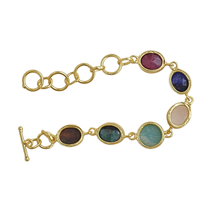 <b>Gold</b> Plated Brass <b>Beaded</b> Chain <b>Bracelet</b> with Multi Color Freshwater Quartz Stones Bohemia Style Unisex Jewelry Gift - Product Image 3
