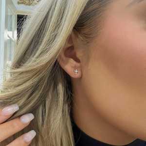 Lab Grown Diamond Cross Stud <b>Earrings</b> Custom 14k 18k Solid Gold Push Back Solitaire Minimalist Modern Fine Jewelry Wholesale - Product Image 4