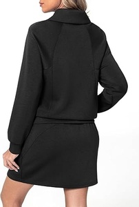 Robe noire à manches longues pour femmes, fermeture éclair sur le devant, taille à cordon, tissu tricoté - Product Image 3