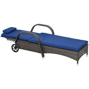 Sdraio da Esterno in Rattan Blu Scuro con Cuscino, Poggiatesta, Braccioli e Ruote, Lettino Reclinabile per il Massimo Comfort - Product Image 1