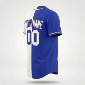 Maillot de baseball personnalisé OEM pour équipe, entièrement boutonné, bleu et blanc, sublimé avec nom et numéro, unisexe adulte, manches courtes - Product Image 4