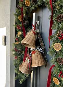 Handmade Rattan Bell Ornament Warm White <b>LED</b> Indoor Hanging Christmas Decor with Plaid Ribbon Traditional Craft - Product Image 4