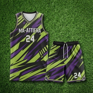 Ma-Attiera Ensemble de maillot et short de basketball pour hommes, personnalisé, motif éclair noir, violet et vert, taille 24 - Product Image 5