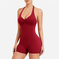 Combinaison moulante à col halter froncé pour femme, une pièce, col en V, avec soutien-gorge rembourré pour le fitness et la gym