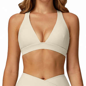 Soutien-gorge de sport écologique à col en V, respirant, sans coutures, uni, à maintien élevé, extensible dans quatre directions, avec bretelles croisées à l'avant - Product Image 2
