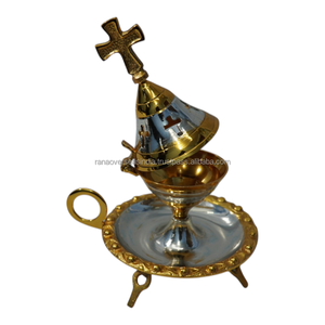 Luxury Brass Incense Burner with Tray <b>Decorative</b> Cross Top Church Censer Handmade Religious Incense Holder for Prayer <b>Decor</b> - Product Image 5