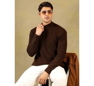 Pull en tricot épais pour homme, col montant, coupe ample, couleur marron foncé, en pure laine, chaud, pour l'automne et l'hiver. - Product Image 4