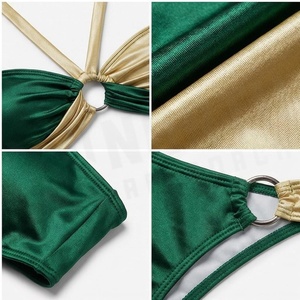 North Approach Ensemble de bikini femme vert et or à blocs de couleur, haut bandeau et bas string, avec bordure contrastante, maillot de bain extensible - Product Image 4